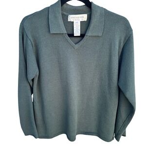 Jones New York Sport Vintage Sage Green Polo V-Neck Sweater Long Sleeve P/S
